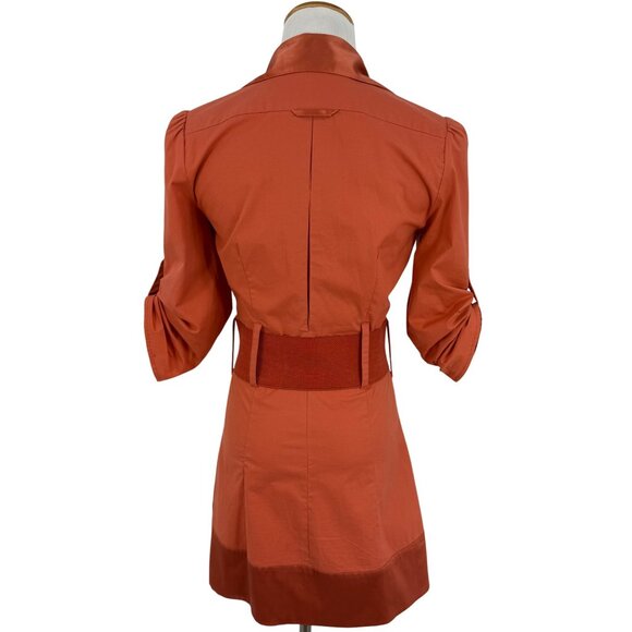 Vintage Y2K Bebe Rust Orange Belted Mini Shirt Dress w/Pockets & Satin Trim S - Picture 12 of 16